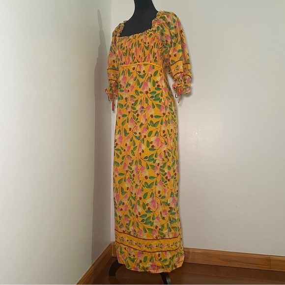 Farm Rio- Yellow Orange Mini Cashew Short Sleeve Smocked Midi Dress Size Medium - Picture 8 of 15